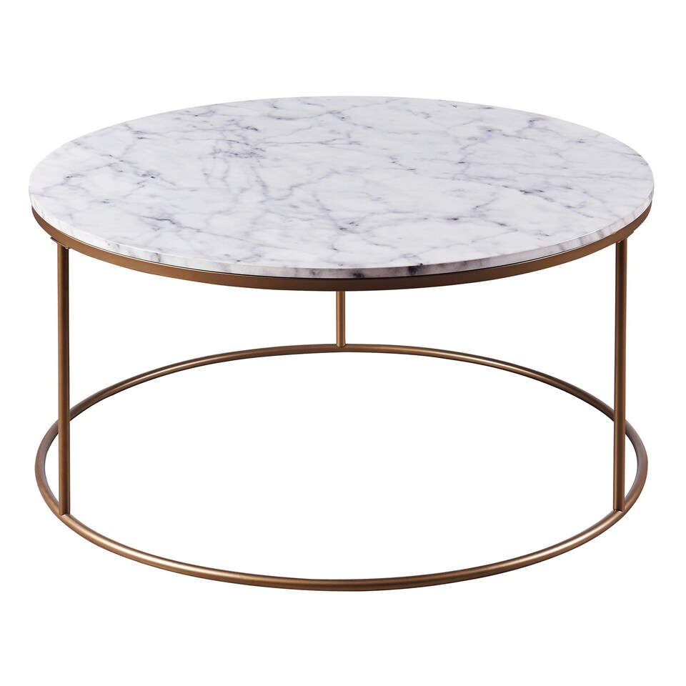 image 1 of Teamson Home Marmo Large Round Coffee Table, Marble Side Table, Modern Sofa End Table for Living Room, Bedroom or Lounge, White/Brass