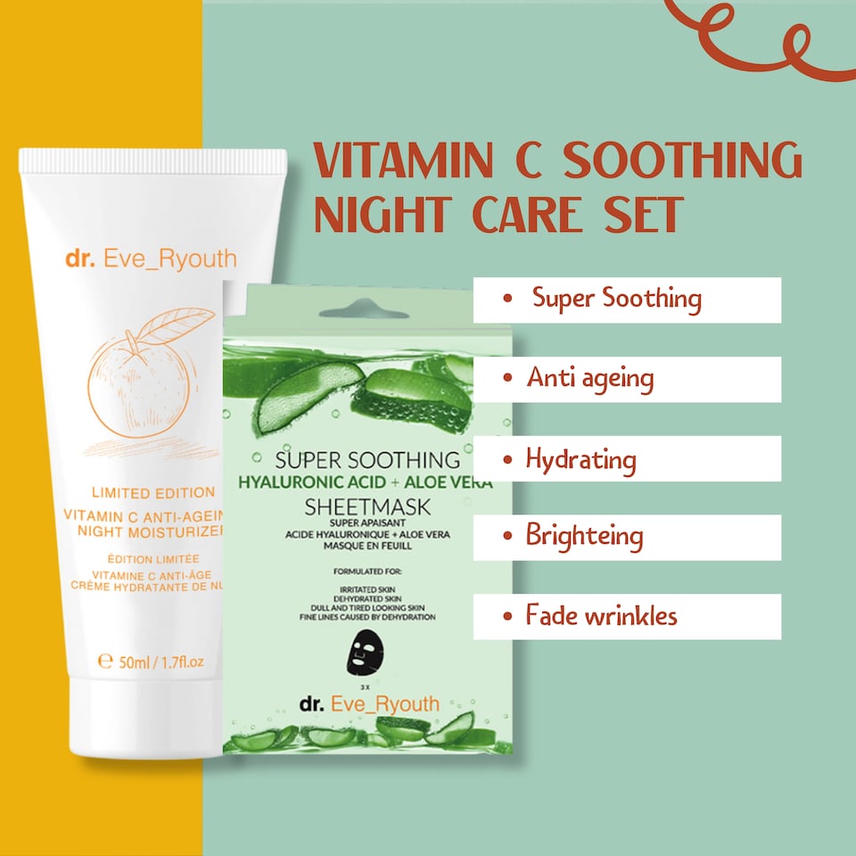 image 1 of Dr. Eve_Ryouth Vitamin C Night Moisturizer 50ml (Limited Edition) + Super Soothing Hyaluronic Acid + Aloe Vera Mask - 3 Sheet Masks