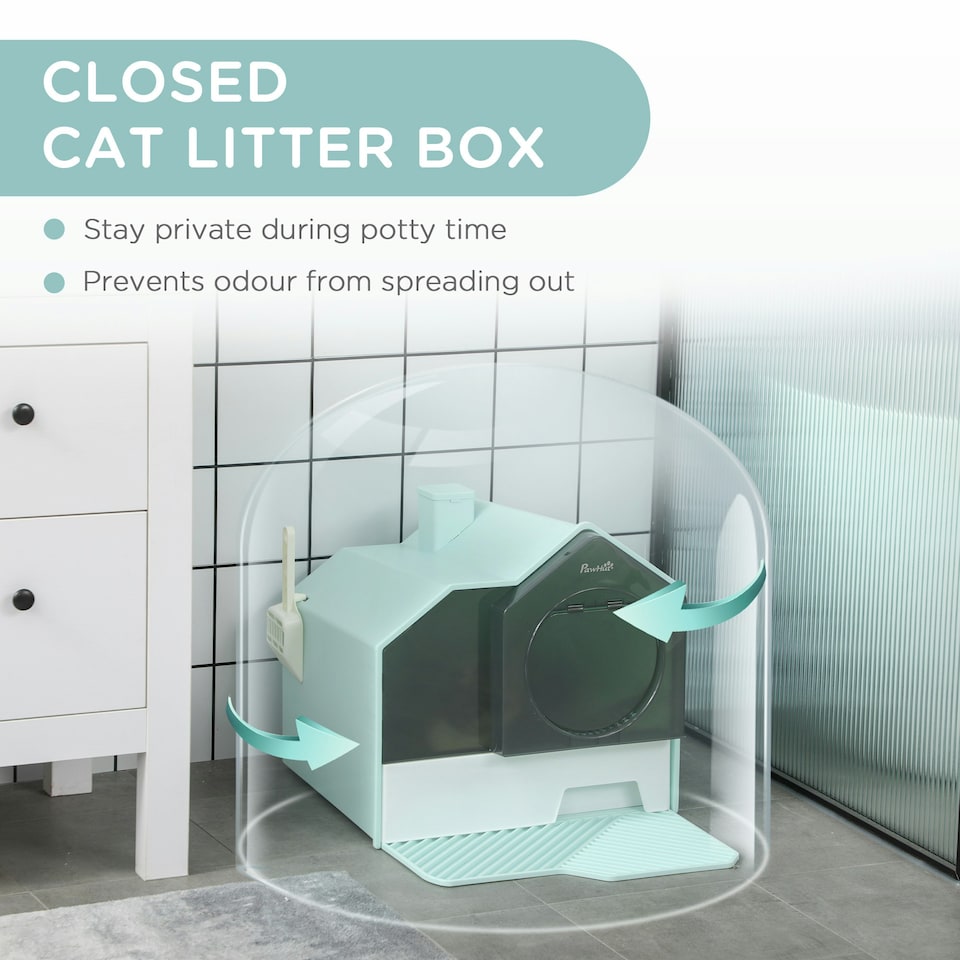 image 1 of PawHut Hooded Cat Litter Tray w/ Scoop, Drawer Pan Handle Deodorants Light Blue