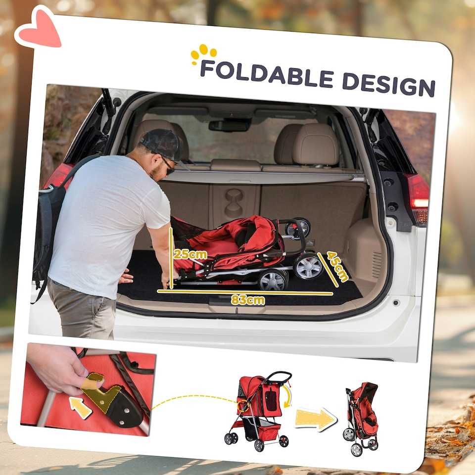 image 1 of PawHut Pet Stroller Carrier Foldable Deluxe Jogger Walk Travel Dog Cat Red