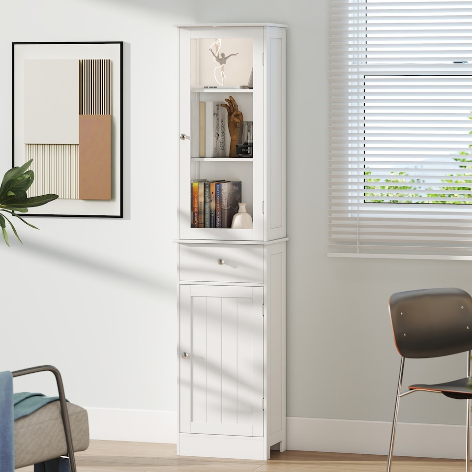 image 1 of kleankin Bathroom Storage Cabinet with 3-tier Shelf Drawer Door, Floor Cabinet Free Standing Tall Slim Side Organizer Shelves, White