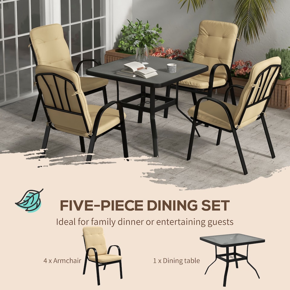 image 1 of Outsunny 5 Pieces Garden Dining Set, Outdoor Square Dining Table and 4 Cushioned Armchairs, Tempered Glass Top Table w Umbrella Hole, Texteline Seats, Beige