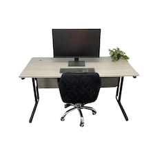 Grey Office Desk Set with Black Velvet Upholstered Chair Wooden Room Furniture Black