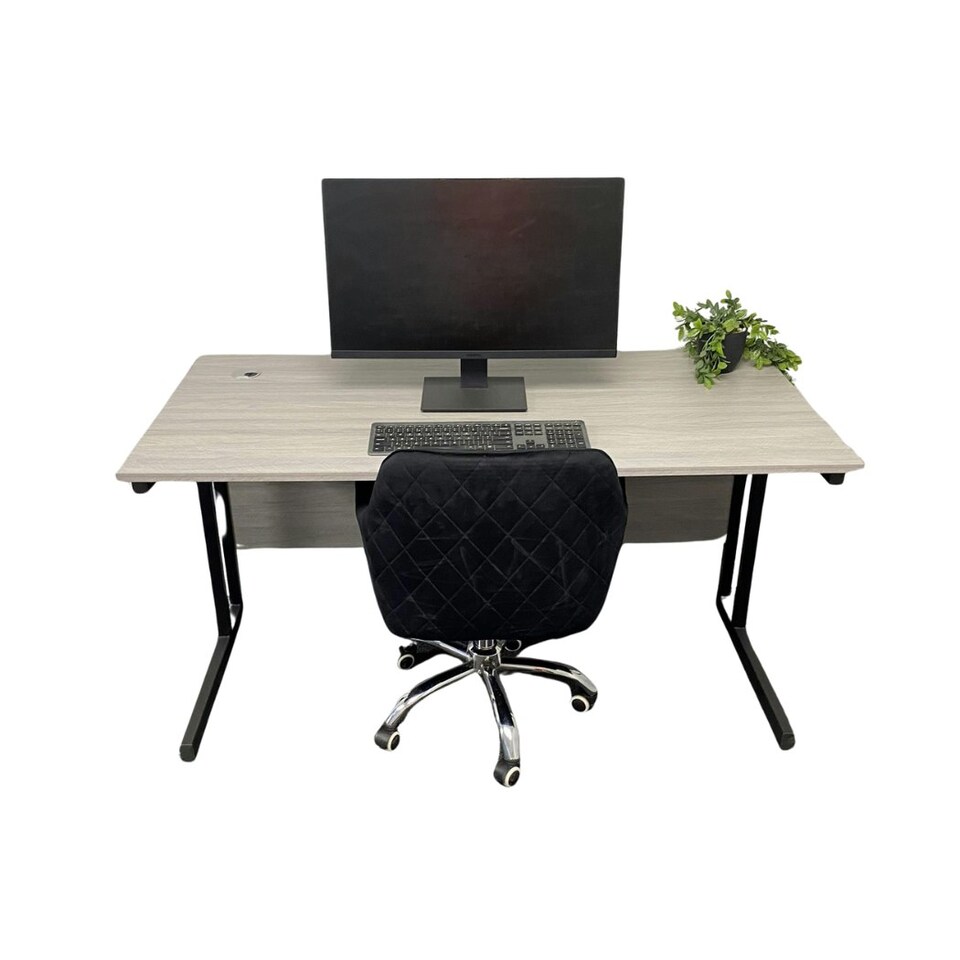 image 1 of Grey Office Desk Set with Black Velvet Upholstered Chair Wooden Room Furniture Black