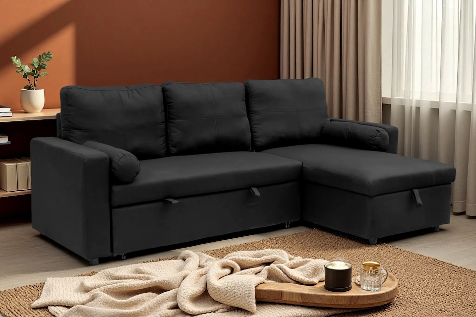 image 1 of Manhattan 3 Seat Corner Sofa Bed Set - Left or Right - Black