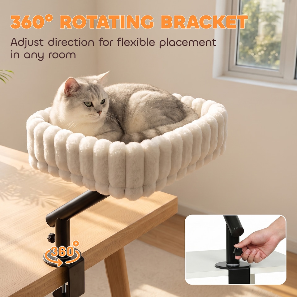 image 1 of PawHut Cat Desk Bed, 360° Rotatable Raised Cat House w/ Hanging Ball, White