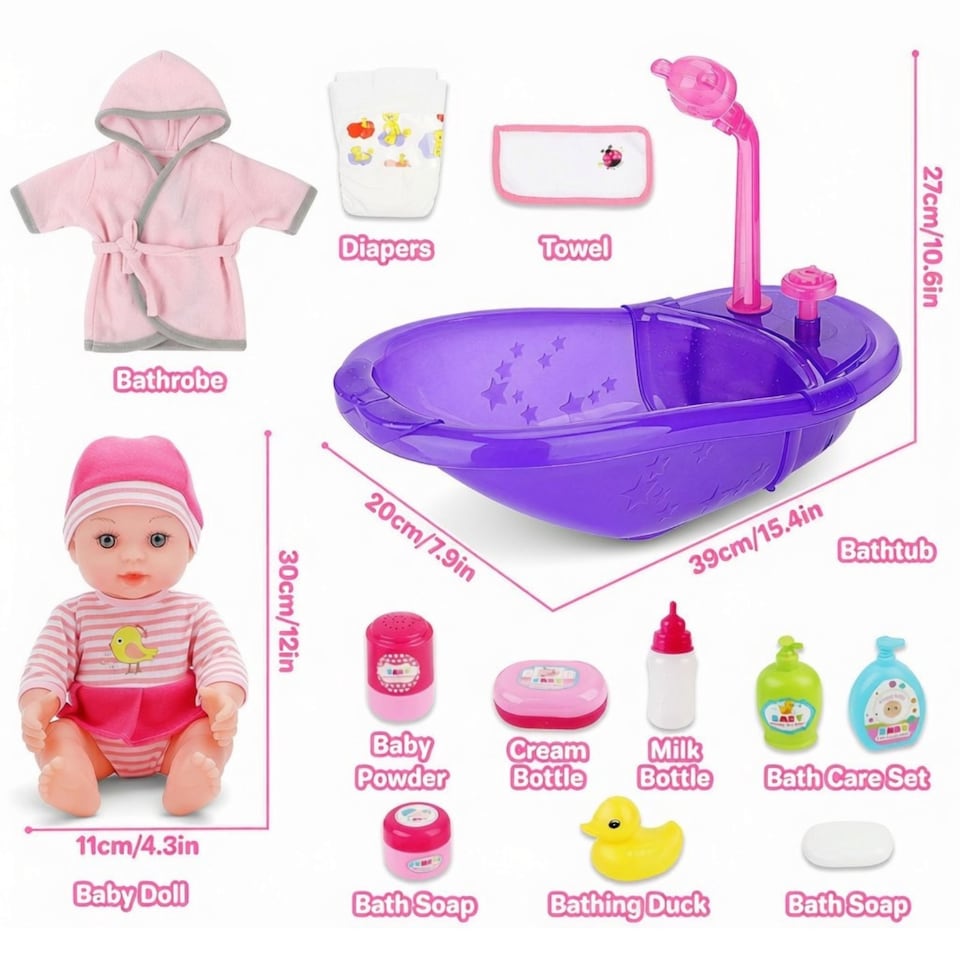 image 1 of Baby Doll Bath Set with Real Working Bathtub & Shower Spray – 12" Baby Doll, Bath Accessories & Pretend Play Set for Kids Ages 3+