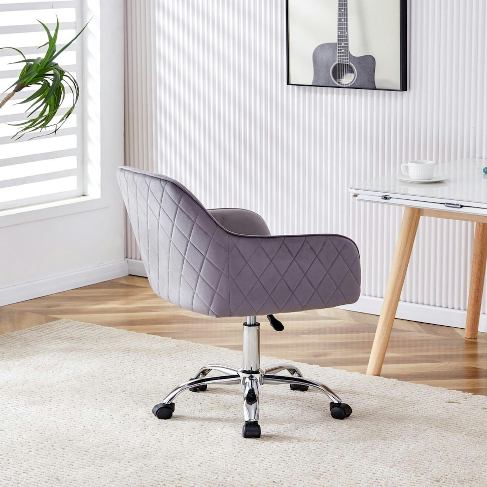 image 1 of Office Chair grey velvet swivel with arms and wheels leisure home desk computer Grey