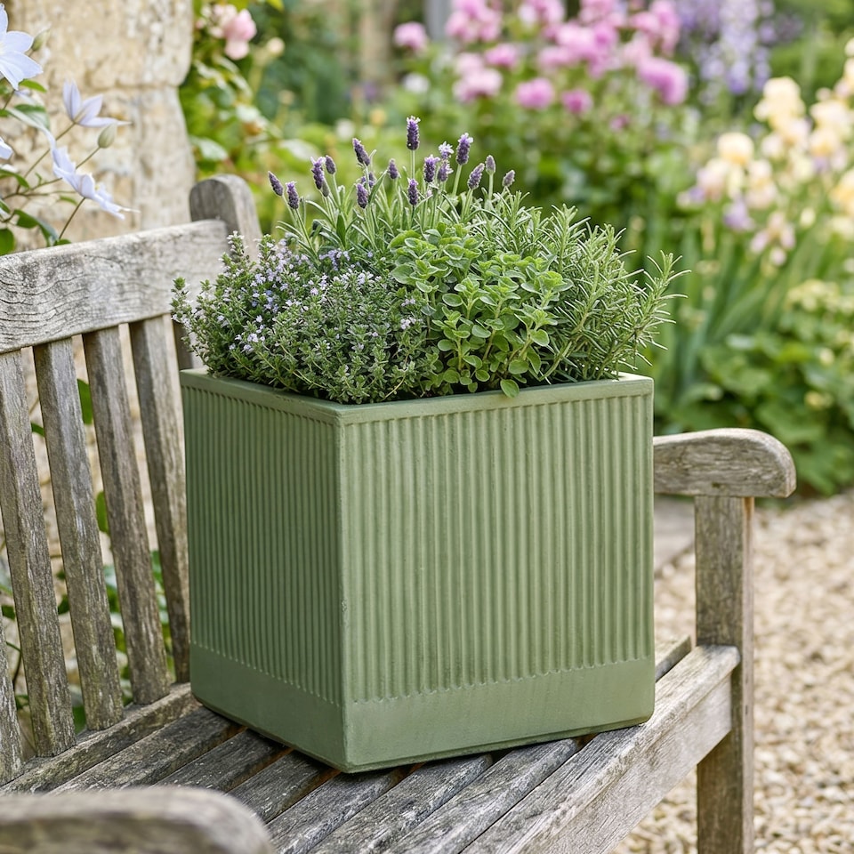 image 1 of Dibor Small Fibre Clay Outdoor Garden Planter – Sage Green