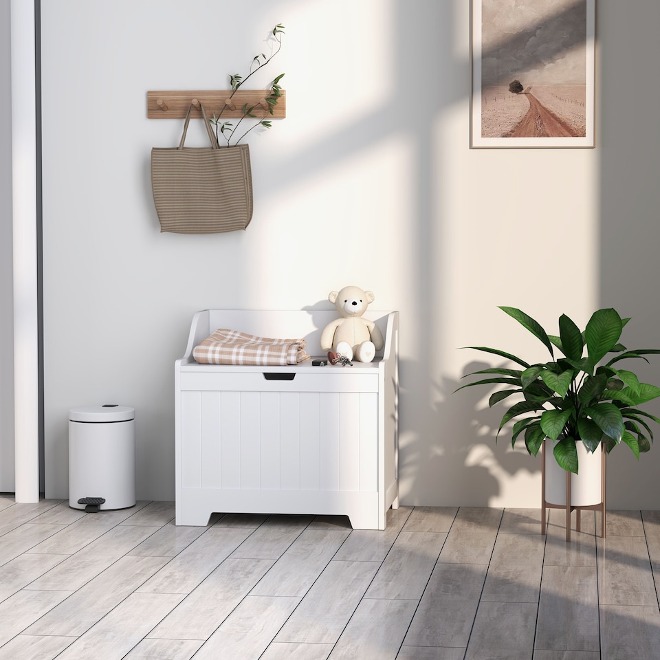 image 1 of HOMCOM Storage Chest, Storage Trunk with Safety Hinge and U-shaped Cut-out Pull, Wooden Storage Box for Living Room, Entryway, 56.5 x 38 x 56 cm, White | White | White