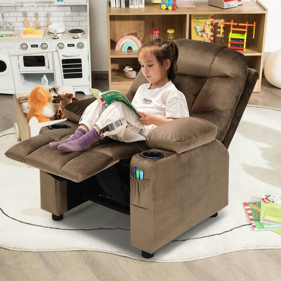 image 1 of COSTWAY Kids Recliner Chair Velvet Adjustable Sofa Chair Coffee Brown