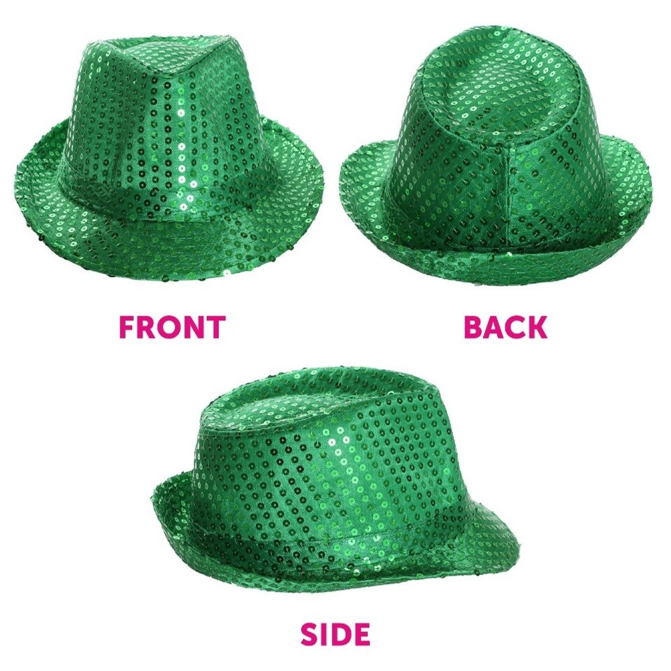image 1 of Pack Of 4 Green Sequin Trilby Hat & Feather Boa Green | One Size