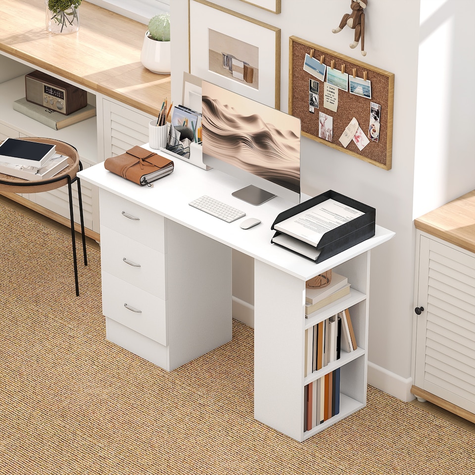 image 1 of HOMCOM Computer Desk, Writing Table, PC Workstation with 3 Storage Shelves and Drawers, Silver Handle, for Home Office, White
