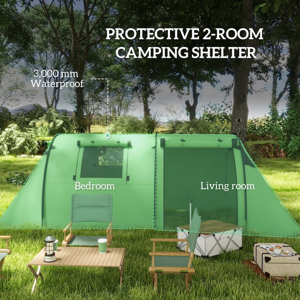 image 1 of Outsunny 2 Room Camping Family Tent for 3-4 Man, 3000mm Waterproof, Green