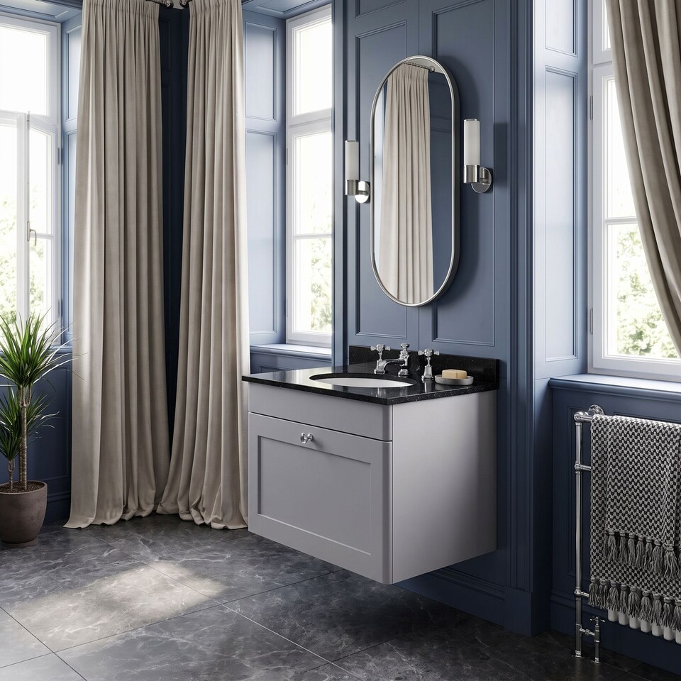 image 1 of Balterley Swynnerton Traditional 1 Drawer Wall Hung Vanity Unit with Marble Basin, Satin Grey, 600mm