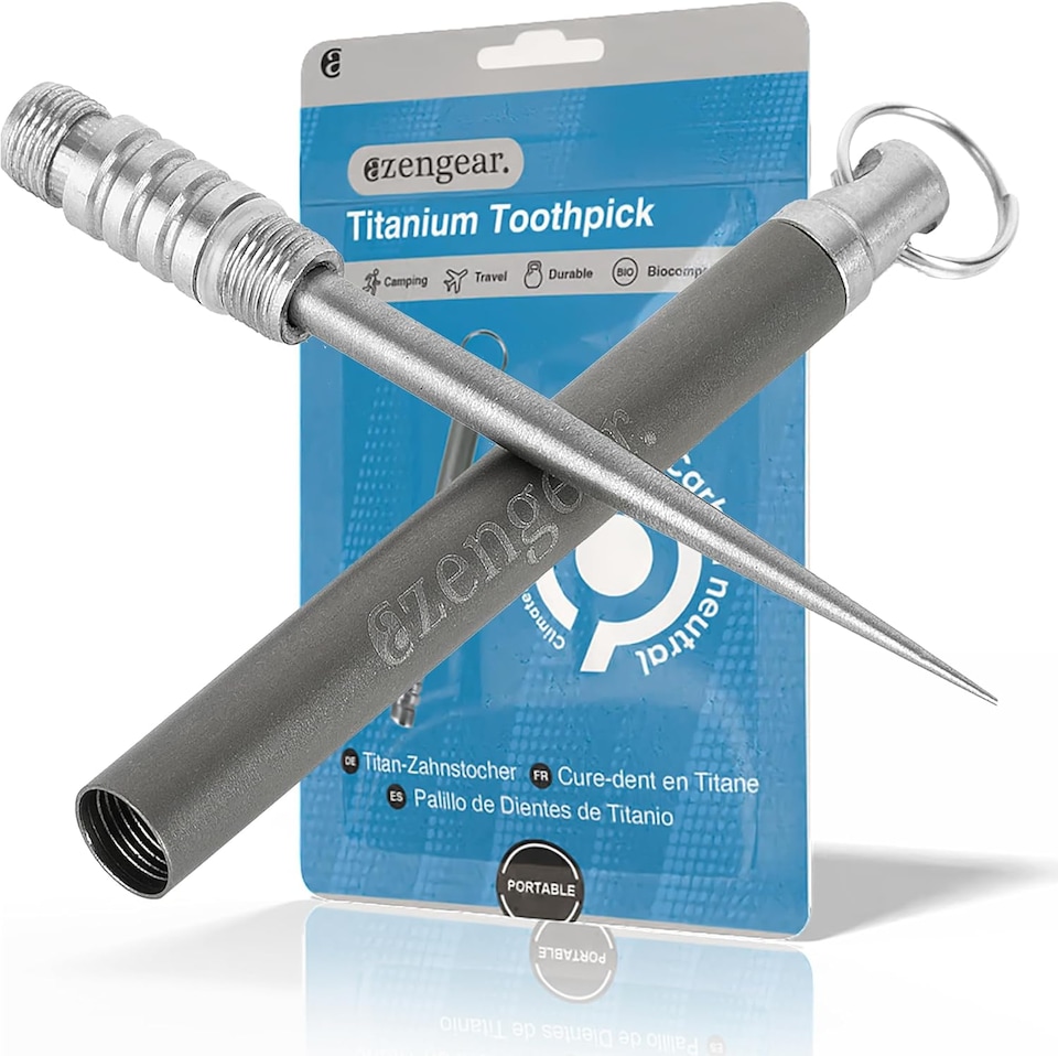 image 1 of aZengear Titanium Toothpick EDC with a Keyring - Portable, Reusable for Travel, Hiking, Camping, Picnics, Gifts
