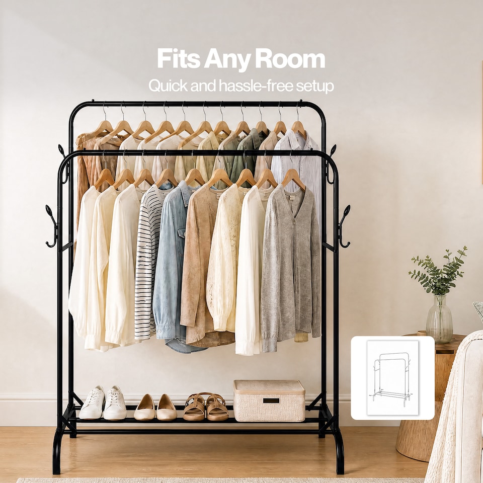 image 1 of Levede Clothes Rail Heavy Duty 2 Rods Carbon Steel Rack with Shelf Bedroom Black
