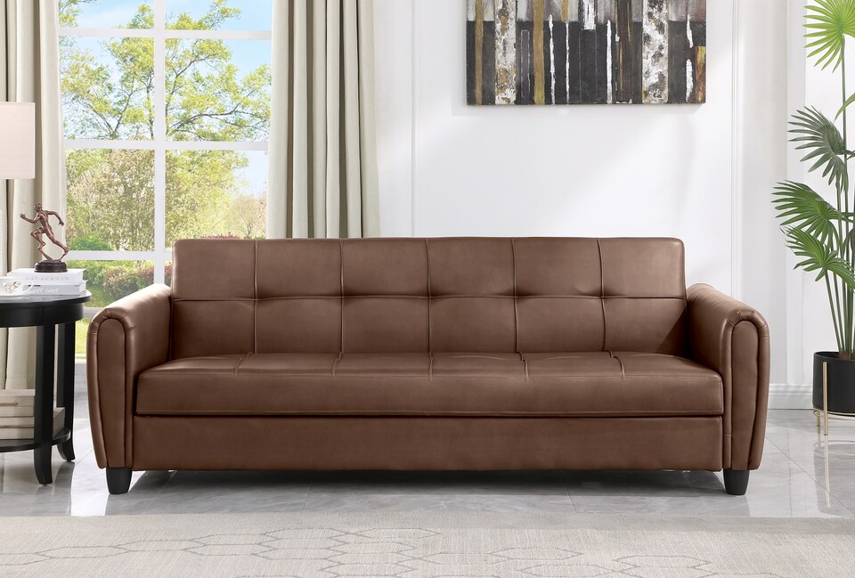 image 1 of Harper 3 Seater PU Leather Click Clack Sofa Bed with Hidden Storage - Brown | Brown | 1