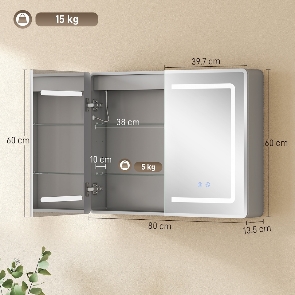 image 1 of HOMCOM 60 x 80 cm LED Bathroom Mirror Cabinet with Double-Sided Mirrors | Silver | Silver | 80W x 13.5D x 60H cm