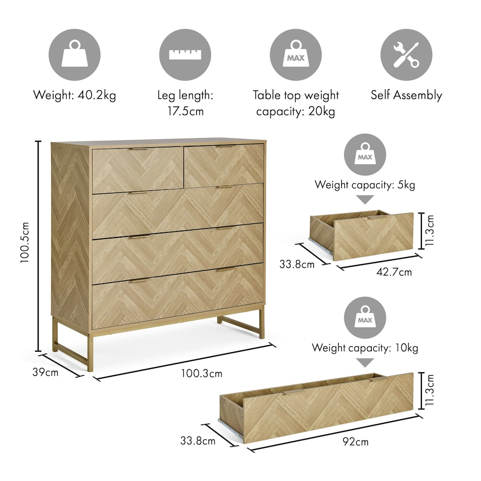 image 1 of VonHaus Ducie Chest of Drawers with Gold Frame & Herringbone Finish | Brown