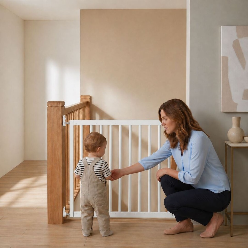 image 1 of Safetots Top of The Stairs Screw Fitted Stair Gate, White Wooden, 63.5cm - 105.5cm, Wood Baby Gate, Stylish Safety Gate | White | 1