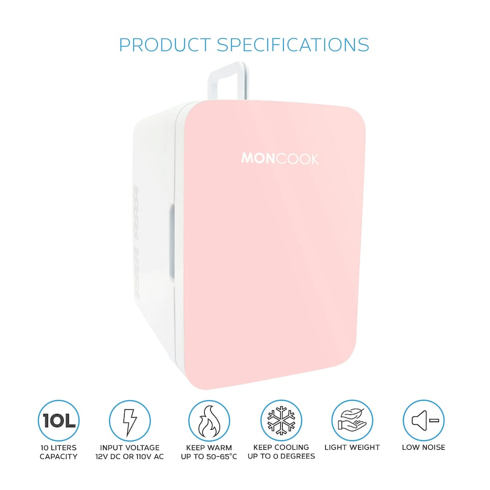 image 1 of MONCOOK Mini Fridge For Bedrooms - Small, Portable & Quiet - Glass Door Mini Fridge For Skincare, Food & Drinks - Cooling & Warming Function - 10L Pink