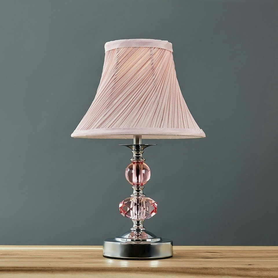 image 1 of ValueLights Pair Of Modern Polished Chrome Touch Table Lamps With Pink Pleated Shades