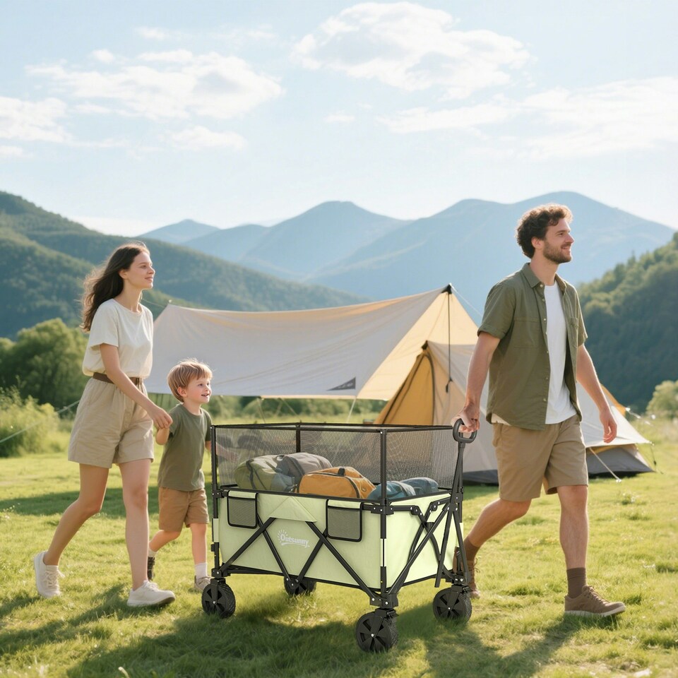 image 1 of Outsunny 180L Folding Garden Trolley Wagon Cart w/ Extendable Side Walls, Black