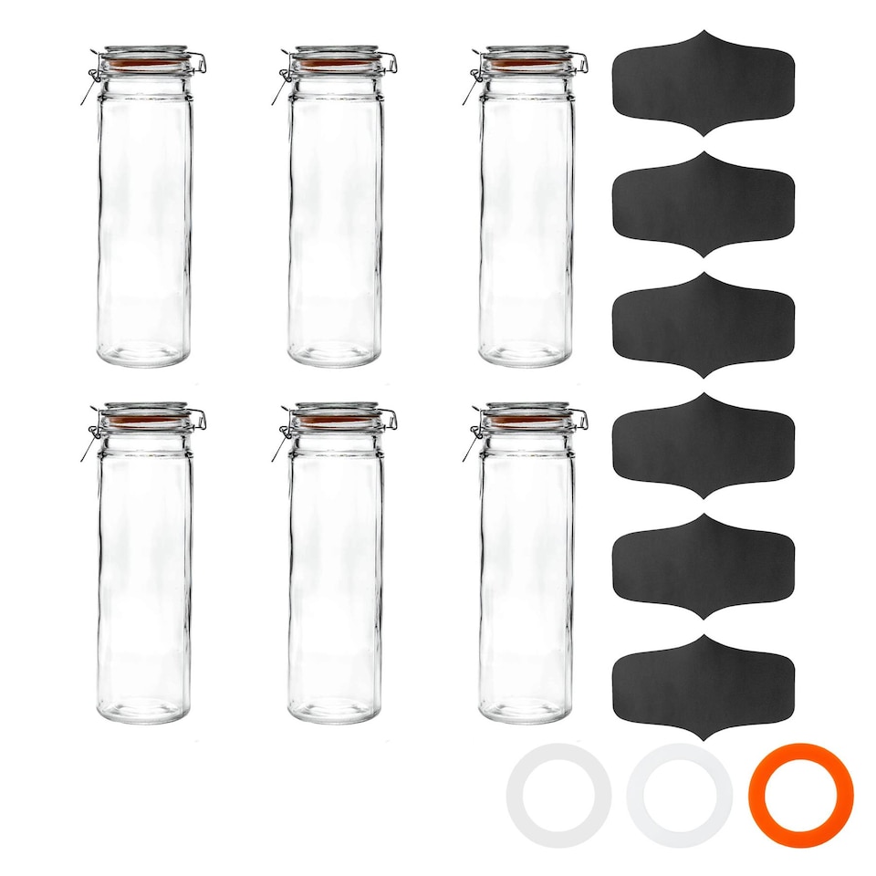 image 1 of Argon Tableware 3x Glass Spaghetti Jar & Labels Set - 2 Litre - 4 Colour Seals Airtight Kitchen Storage Container Preserving Jar