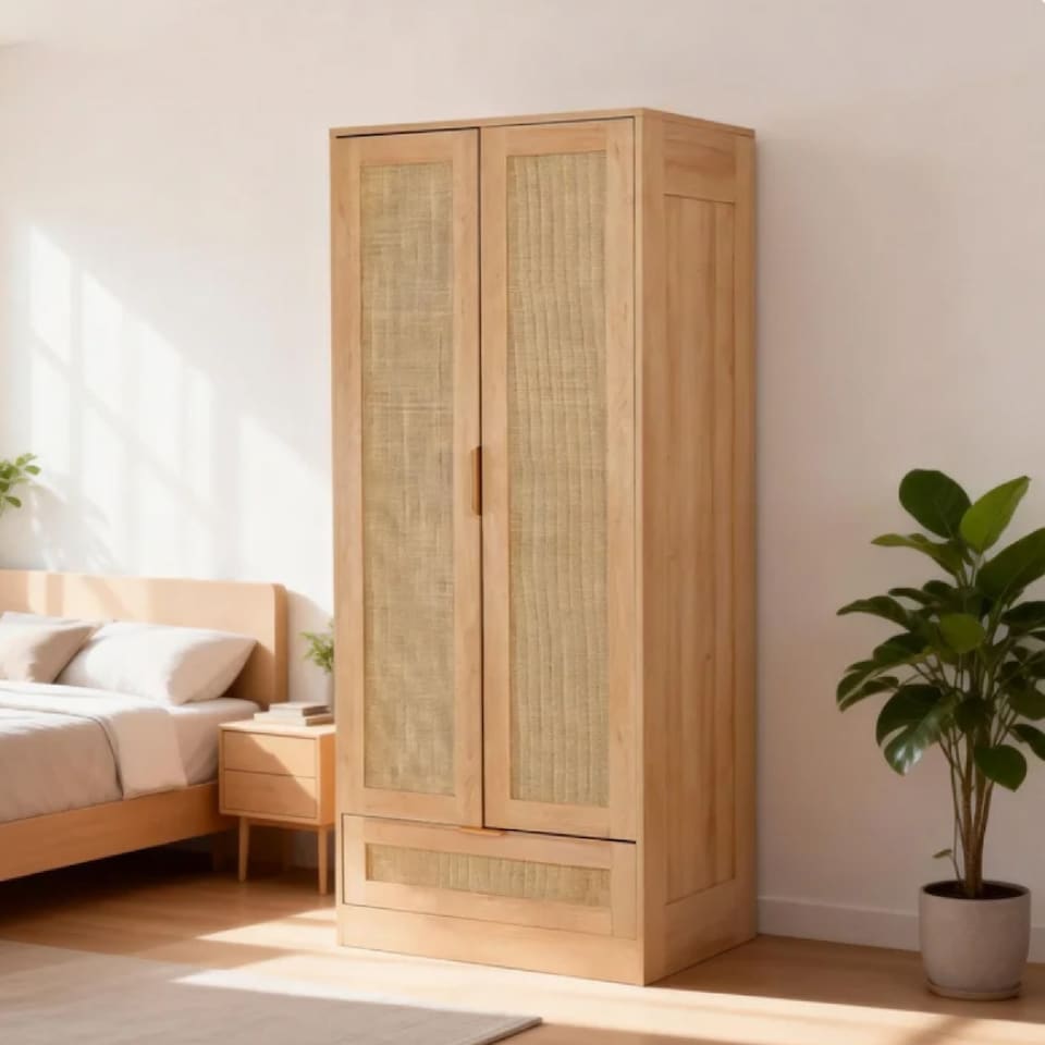 image 1 of 2-Door Rattan Wardrobe Closet Armoire with Drawer and Hanging Rack - W80xD55xH185 CM - Natrual