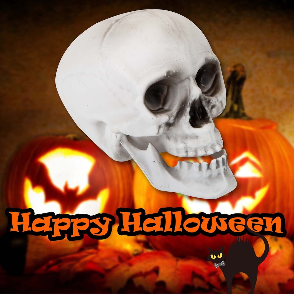 image 1 of vfm-estore Halloween Skull With Moving Jaw Decoration - White