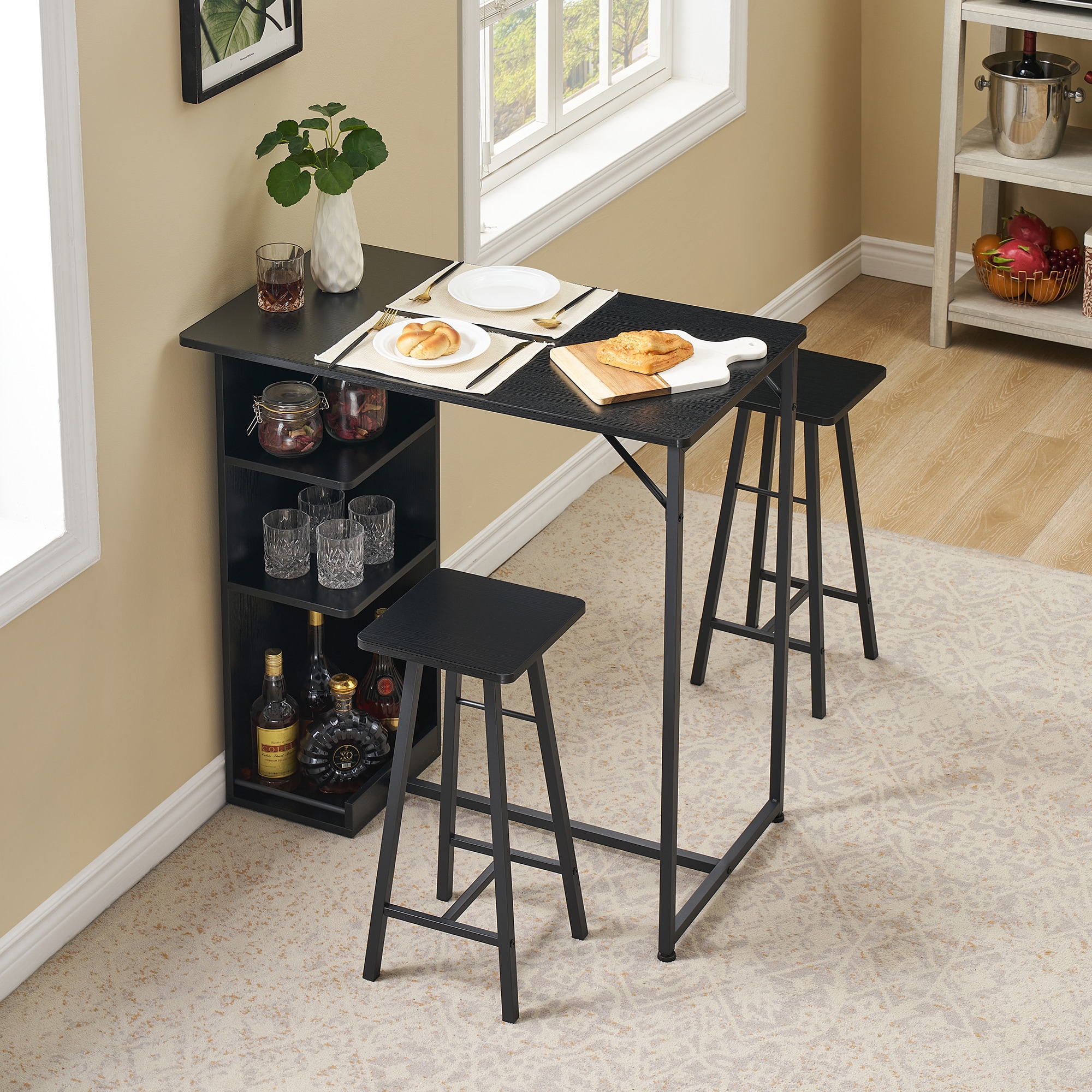 London Boutique 3 Piece Bar Table Chairs Set with 2 Stools Bar Table with 3 Tier Open Storage Shelves - Black