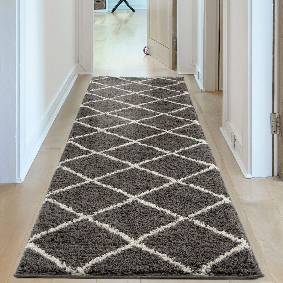 image 1 of The Rugs Moroccan Collection Soft High Pile Shaggy Diamond Floor Rugs and Runners Living Room