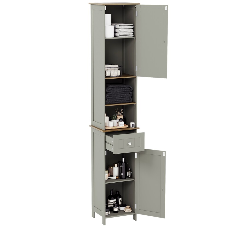 image 1 of Bath Vida Priano 2 Door Tall Bathroom Cabinet With Mirror, Grey & Oak