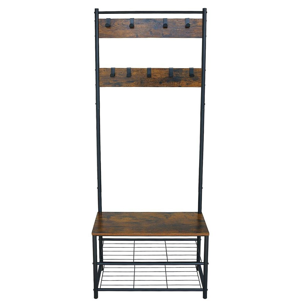 image 1 of Coat Rack Stand with Shoe Storage Bench 9 Hooks Rustic Light Brown Entrance Hall House of Home Rustic Brown Brown | Light Rustic Brown | One Size