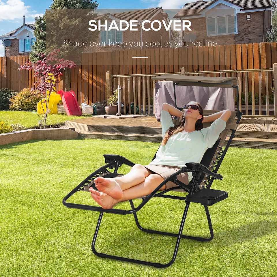image 1 of Outsunny Zero Gravity Lounger Chair, Folding Reclining Patio Chair with Shade Cover, Padded Seat, Cup Holder, Soft Cushion and Headrest for Poolside, Camping, Coffee