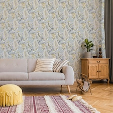 Fresco Inky Tropical Leaf Indigo and Ochre Wallpaper | Blue | Blue | 10m Length x 52cm Width