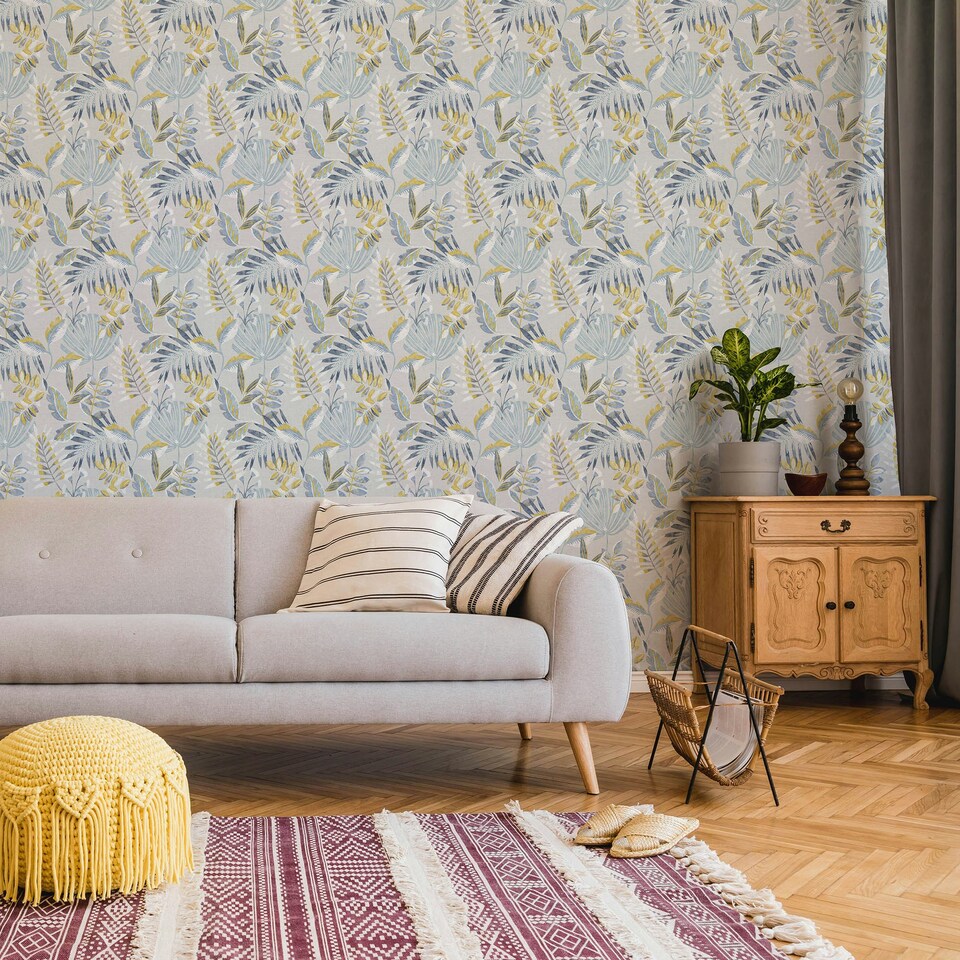 image 1 of Fresco Inky Tropical Leaf Indigo and Ochre Wallpaper | Blue | Blue | 10m Length x 52cm Width