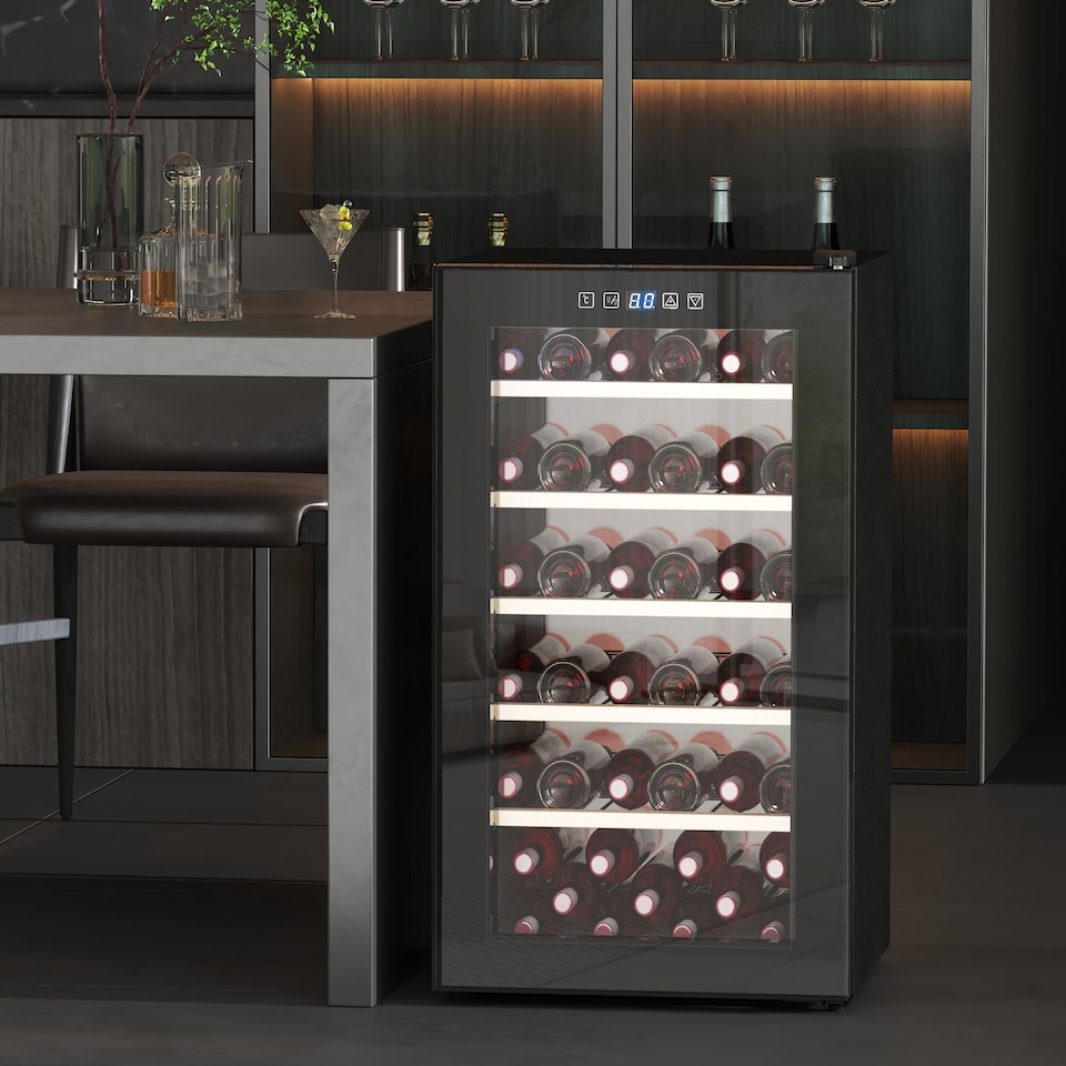 image 1 of HOMCOM 41 Bottle Wine Fridge, 91 Litre Capacity, 45cm Freestanding Wine Cooler Fridge with Glass Door, LED Light, Digital Touch Screen, Temperature Control, Black | Black