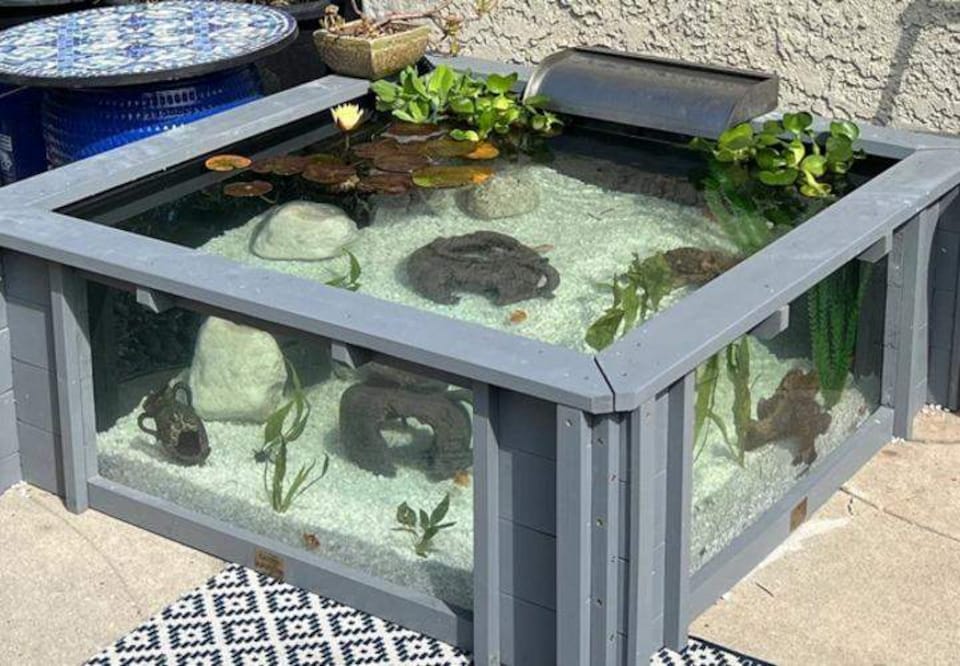 image 1 of Raised square pond with large windows Lotus Clear View Garden Aquarium in Grey