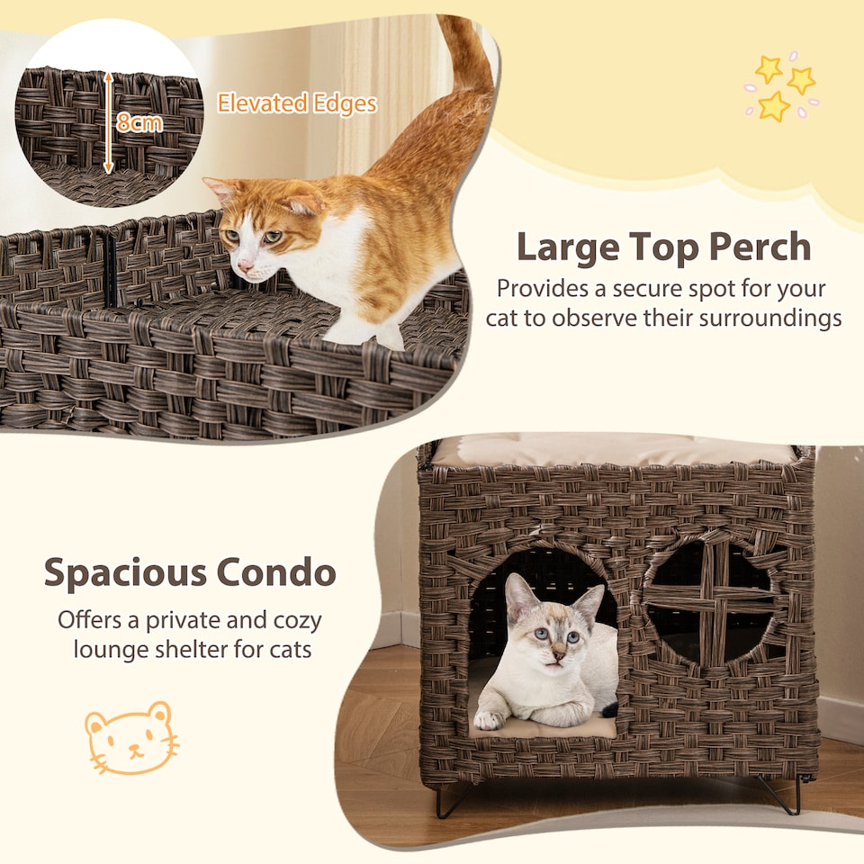 image 1 of COSTWAY Foldable 2-tier Rattan Cat House Wicker Kitten Condo With  Elevated Perch