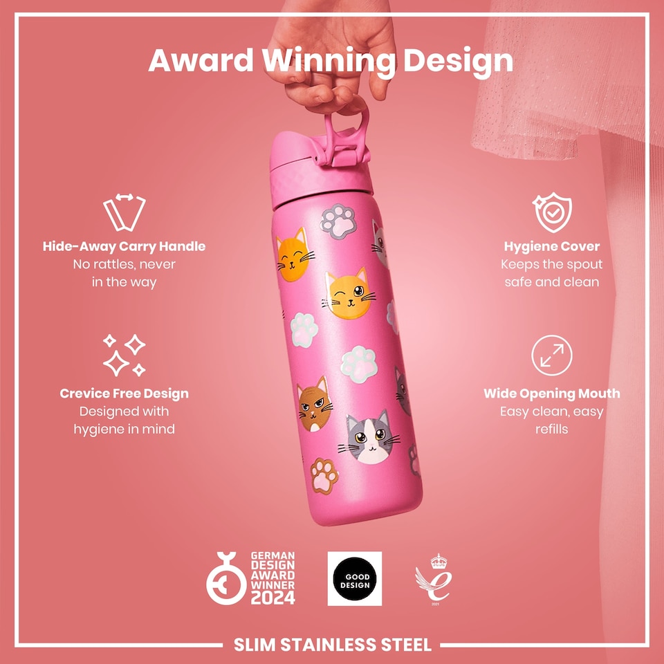 image 1 of Leak Proof Slim Water Bottle, Stainless Steel, 600ml (20oz) | Pink | Cats | One Size