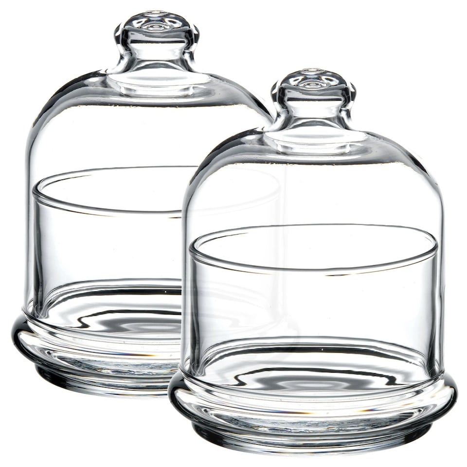 image 1 of Mini Glass Service Bowl Pastry Cookie Candy Dish Jar with Bell Dome Lid | Clear | Clear | 2 Dishes | 2