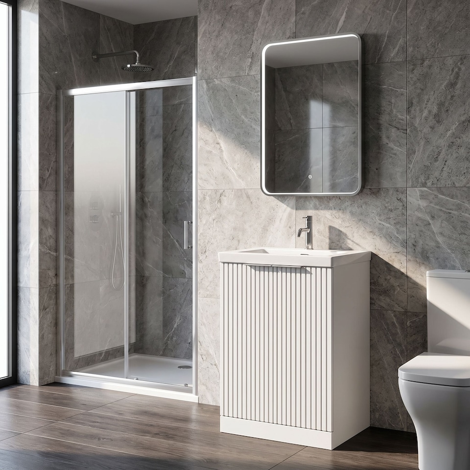 image 1 of Balterley Callingwood Contemporary Floor Standing 2 Door Vanity Unit with 1 Tap Hole Fireclay Basin , 600mm, Matt White