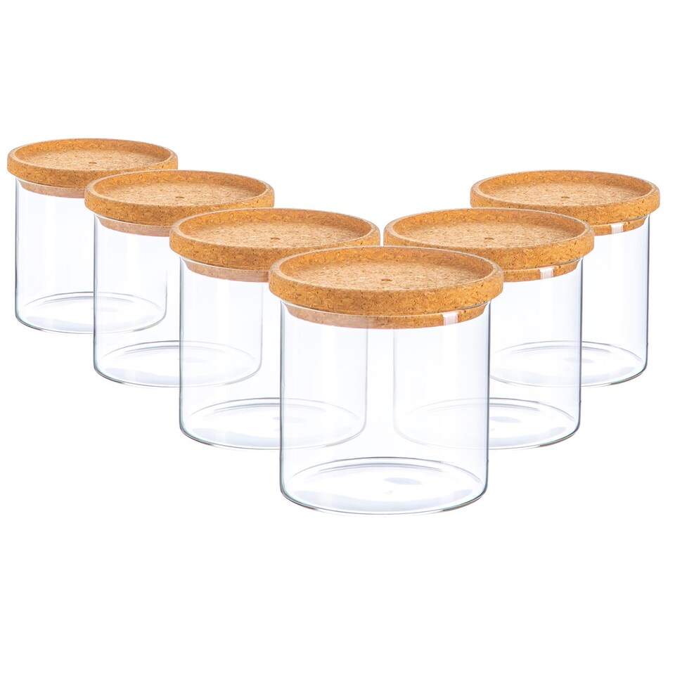 image 1 of Argon Tableware Glass Storage Jars - Cork Lid - 550ml - Modern Round Scandi Organisation Container Glass Jar - Set of 6