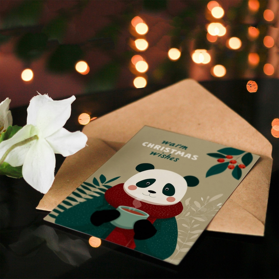 image 1 of Christmas Card Cute Happy Panda With Hot Chocolate Cup