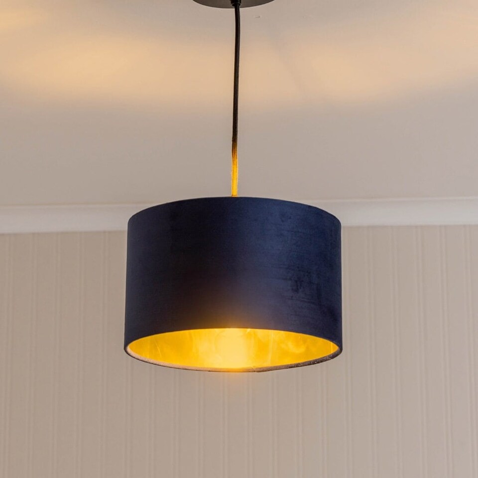 image 1 of ValueLights Reni Small Navy Velvet Gold Inner Lamp Shade & Bulb | Blue