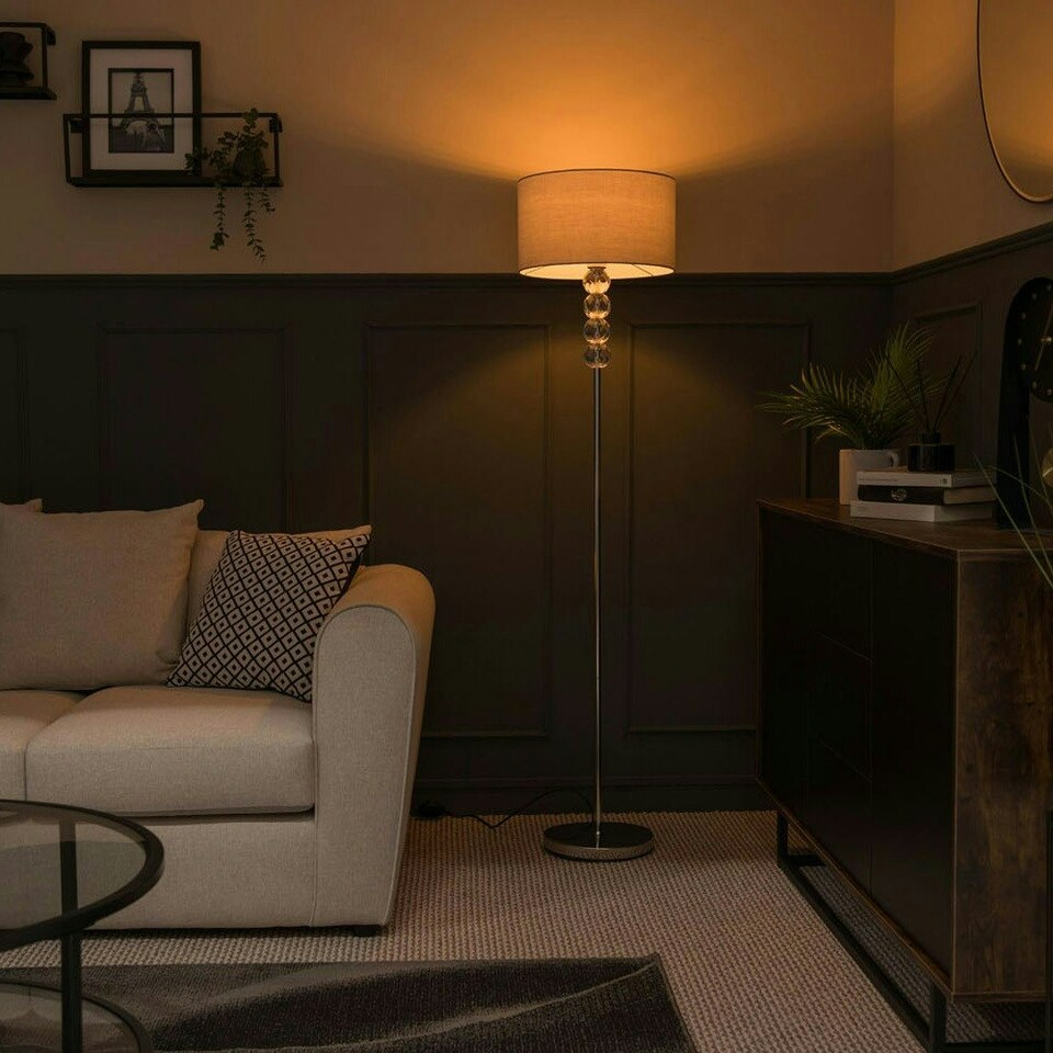 image 1 of ValueLights Modern Chrome And Clear Acrylic Balls Floor Lamp With Cool Grey Drum Shade