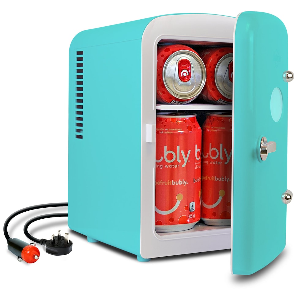 image 1 of Koolatron 4L Retro Portable Mini Fridge 12V DC 230V 6 Can Cooler Aqua