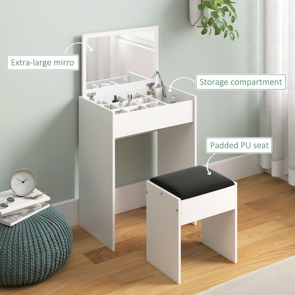 image 1 of HOMCOM Dressing Table with Mirror and Stool, Vanity Makeup Table with Flip Up Mirror, Vanity Desk with Storage Unit and Padded Seat, White